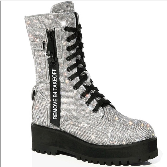 Dolls Kill Shoes | Billionaire Doll-Skill Boots Poster Bling Boots | Color: Silver | Size: 8 | Dlog's Closet
